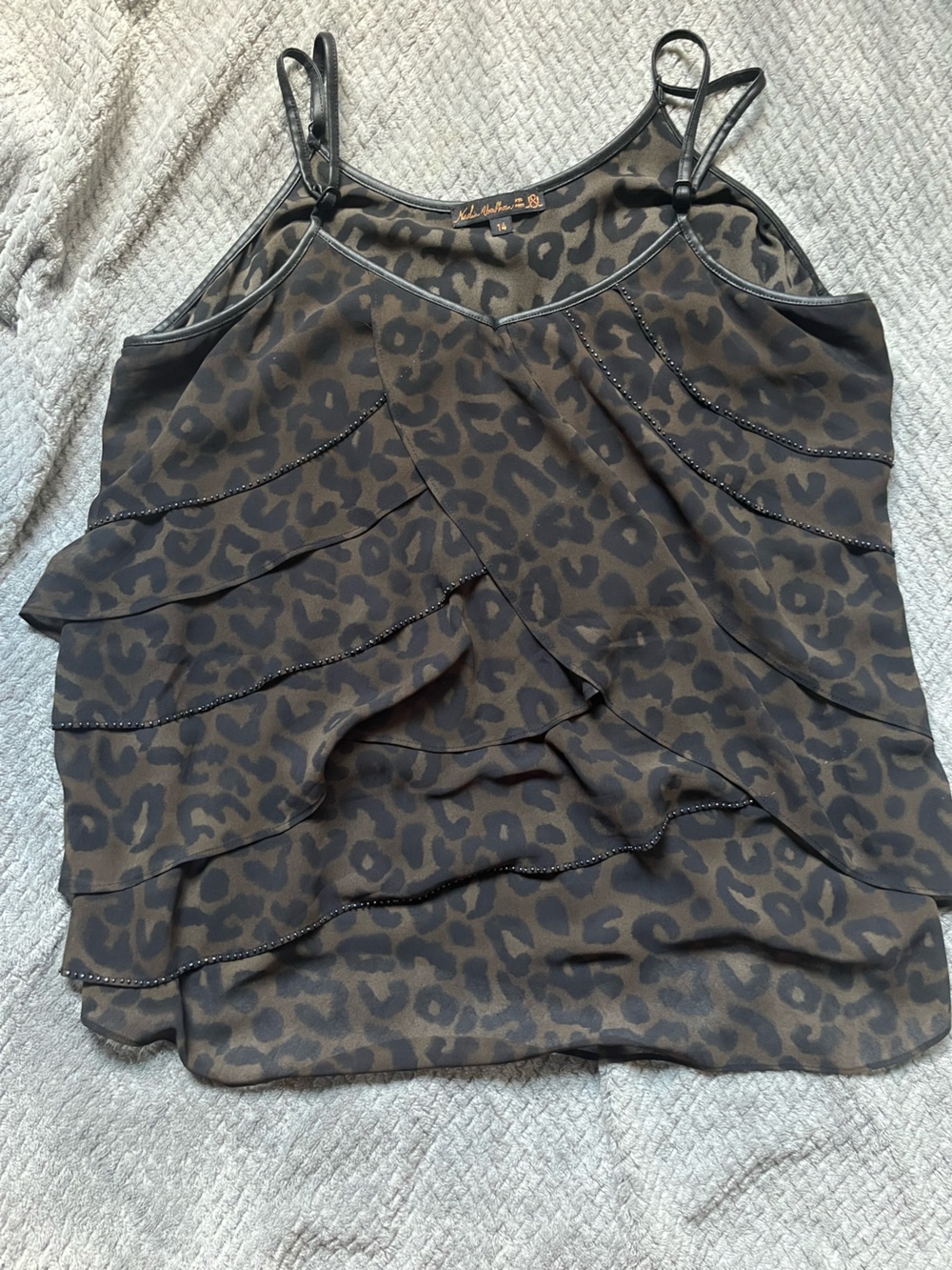 Michelle K Brown and Black Leopard Print Ruffle Tunic